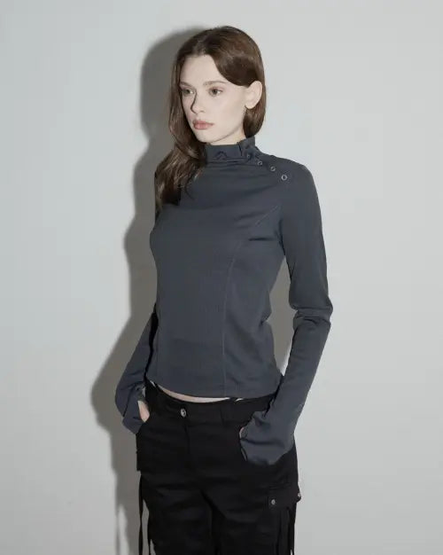 [MAGORENSEOUL] Diagonal Button Long Sleeve - Charcoal / 사선 버튼 롱슬리브 차콜