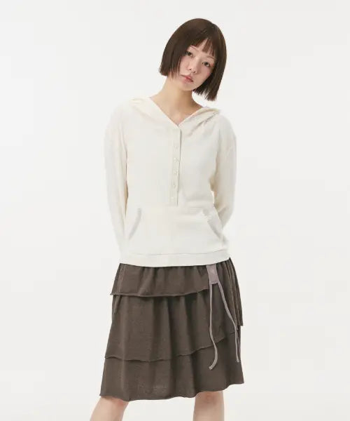 [OHESHIO] BUTTON HOODED LONG SLEEVE, IVORY