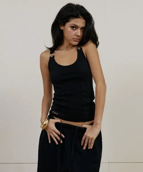[EYEER] Eyelet Shoulder Belt Sleeveless - Black