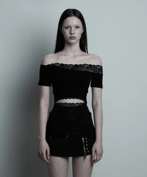 [ILLIO] Black Lace Off-shoulder top