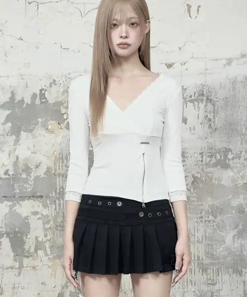 [ETRE AU SOMMET] Lace Trim Button Wrap Long Sleeve (White)