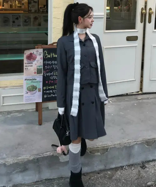 [ROGIN N ROSIE] Heart Double Button Point Skirt Charcoal