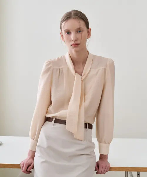 [BIBYSEOB] HIGH NECK SHEER SCARF BLOUSE BEIGE / 하이넥 시어 스카프 블라우스 베이지 [T61]