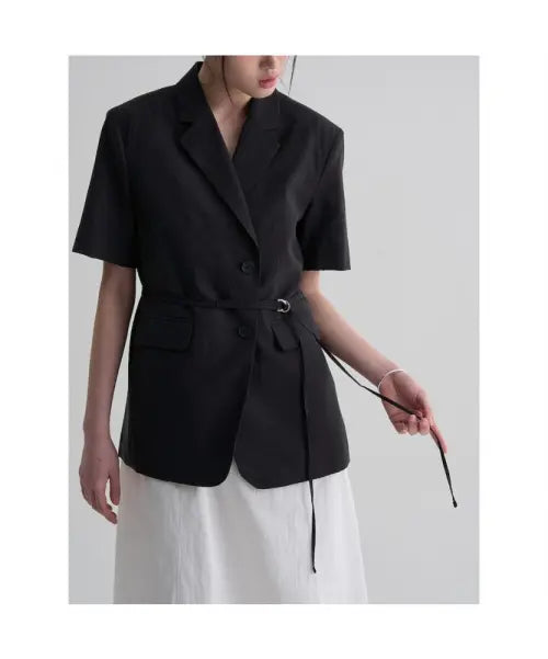 [8SECONDS] Short-Sleeve Tailored Midi Jacket - Black / 반소매 테일러드 미디 재킷  블랙