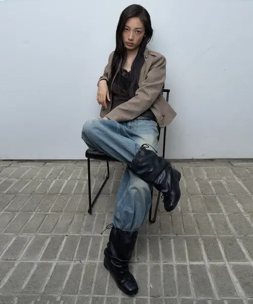 [KHIHO] Rebel Slouchy Mid Boots Black / 리벨 슬라우치 미들 부츠 블랙