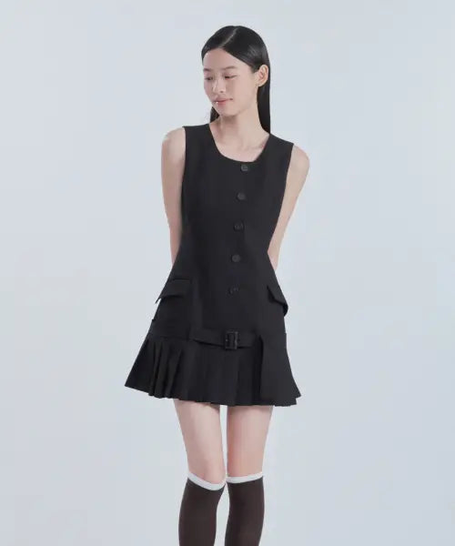 [MAU SOLEUM] Sleeveless Pleated Suit Dress - Dark Navy