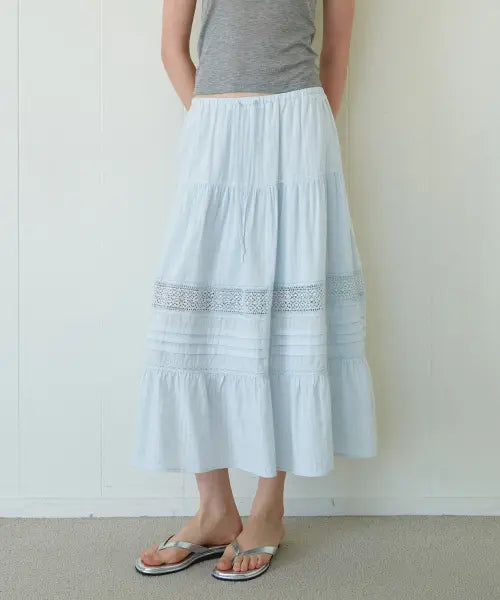 [ROLAROLA] PINTUCK LACE TIERED LONG SKIRT SKY