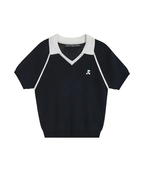 [REST\u0026RECREATION] V-NECK COLLAR KNIT TOP - NAVY