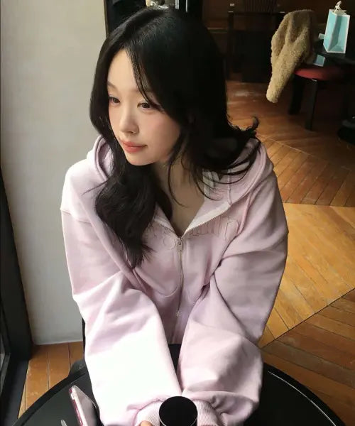 [STMG] Margarine Applique Loose two-way zipper Hoodie Zip-Up pink / 마가린 아플리케 루즈 투웨이 지퍼 후드집업 핑크