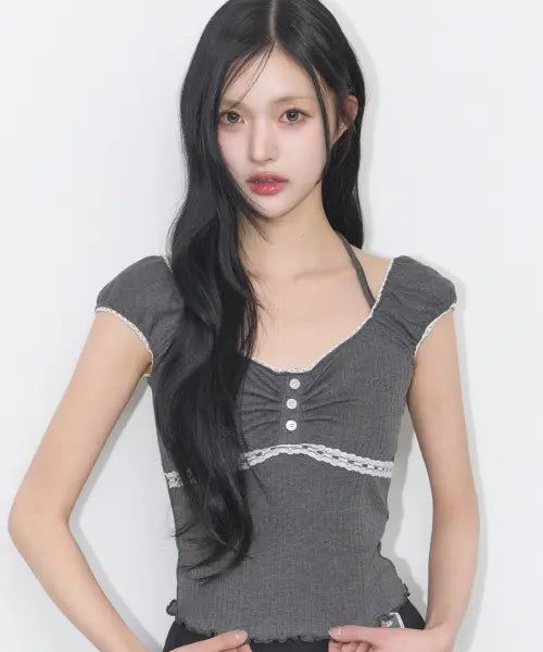 [ILLIGO] BUTTON HALTER SLEEVELESS CHARCOAL / 버튼 홀터 슬리브리스 차콜