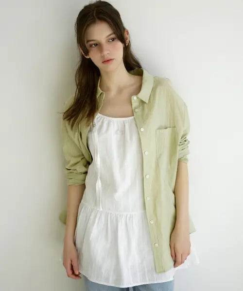 [LETTER FROM MOON] Letters See-through Stripe Shirt (Olive) / 레터즈 시스루 스트라이프 셔츠 ( 올리브 )