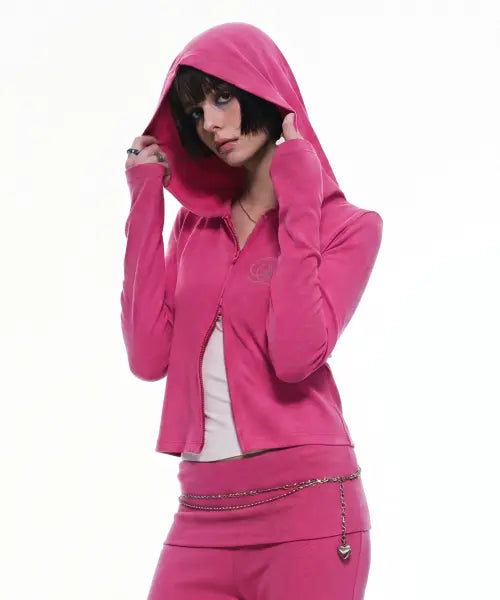 [PASION] Slim Crystal Glam Hoodie Zip-Up_Pink / 슬림 크리스탈 글램 후드집업_핑크 Slim Crystal Glam Hoodie Zip-Up_Pink