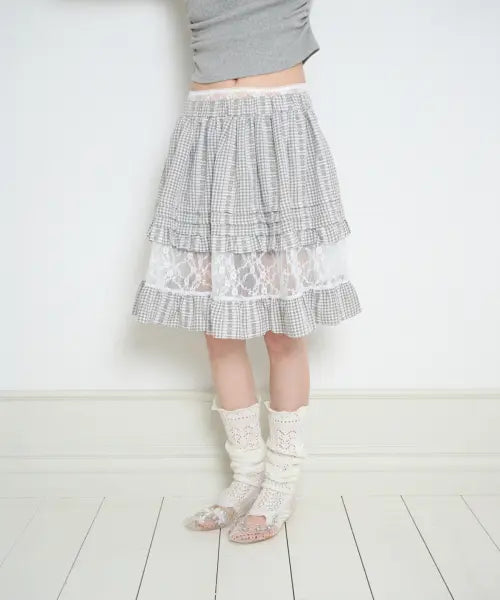 [ILLIGO] FLOWER TIERED MIDI SKIRT GRAY CHECK / 플라워 티어드 미디 스커트 그레이 체크
