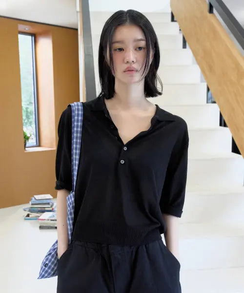 [LOW CLASSIC] SHEER LINEN BLENDED POLO SWEATER_BLACK [LC262KN04BK]