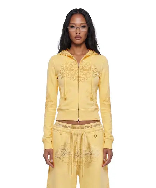 [BADBLOOD] H.B.B. Royal Lace Rhinestone Hood Zip-Up - Yellow / H.B.B. 로얄 레이스 라인스톤 후드 집업 - 옐로우
