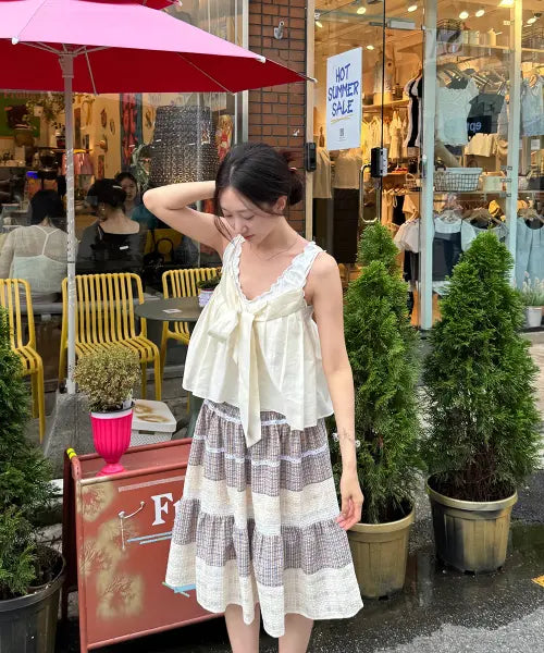 [SINOON] Smocking Color Block Flare Skirt (Beige)