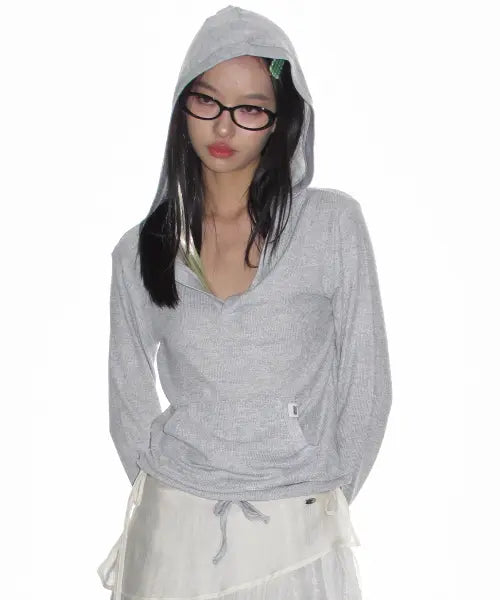 [CRANK] Soft Rib Hooded Top_Light Melange Grey / 소프트 립 후드 탑_라이트 멜란지 그레이