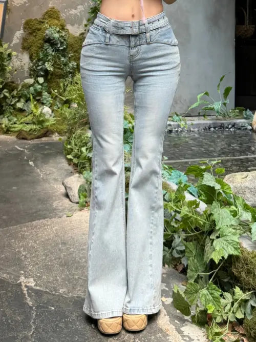 [KINDAME] Hip Volume Up Year-round Blue Belted Bootcut / 골반볼륨업 연중청 벨트 부츠컷