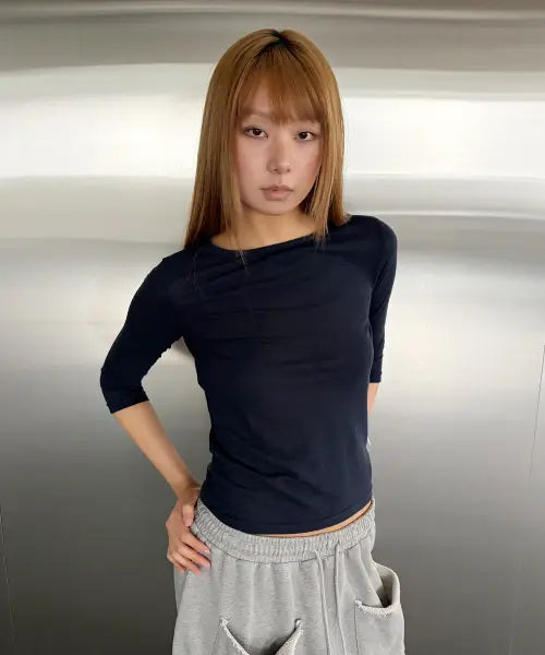 [CHICKS] Linen 7/10 Sleeve T-Shirt - Navy / 린넨 7부 티셔츠 네이비