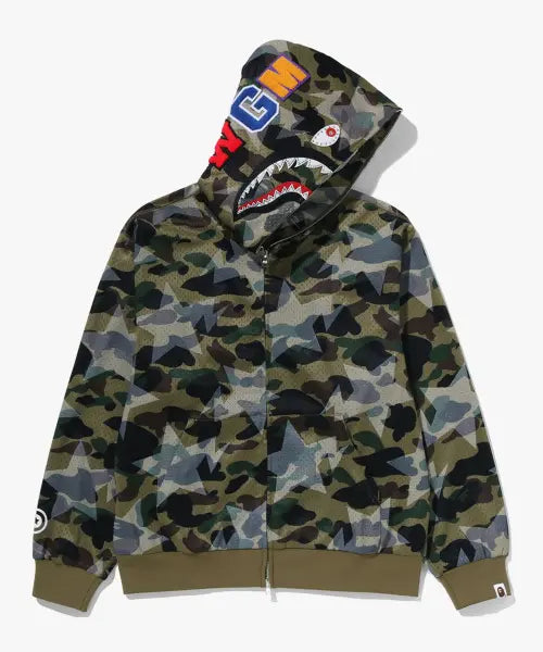 [BAPE] Star Oversized Print First Camo Mesh Shark Crop Fit Full Zip Hoodie (M) GREEN / 스타 오버 프린트 퍼스트 카모 메쉬 샤크 크롭 핏 풀 집 후드(M) GREEN