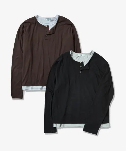 [POLYGRAM] Coolight U Henley Neck Layered T-Shirt Set / [SET] 쿨라이트 U 헨리넥 레이어드 티셔츠 세트