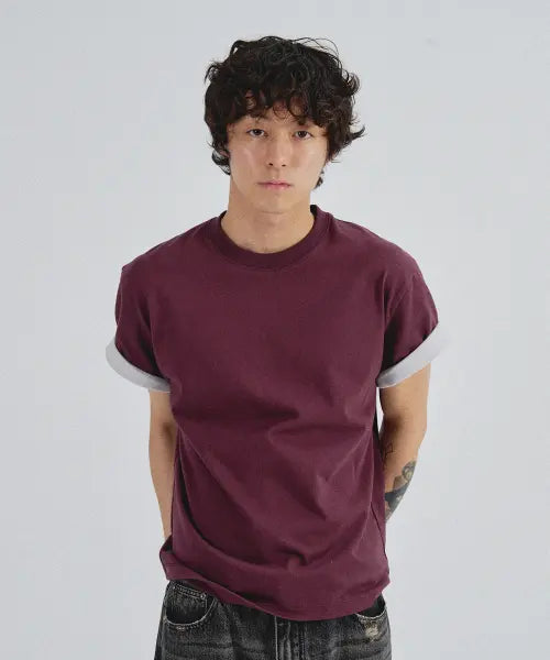 [SLOWACID] SA REFINED FLIP-CUFF SEMI-CROP TEE [DARK PLUM]