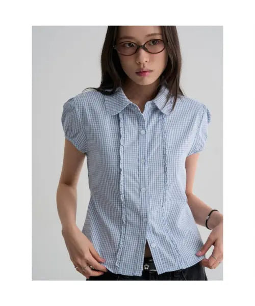 [8SECONDS] Ruffle Check Blouse - Sky Blue / 프릴 체크 블라우스  스카이 블루