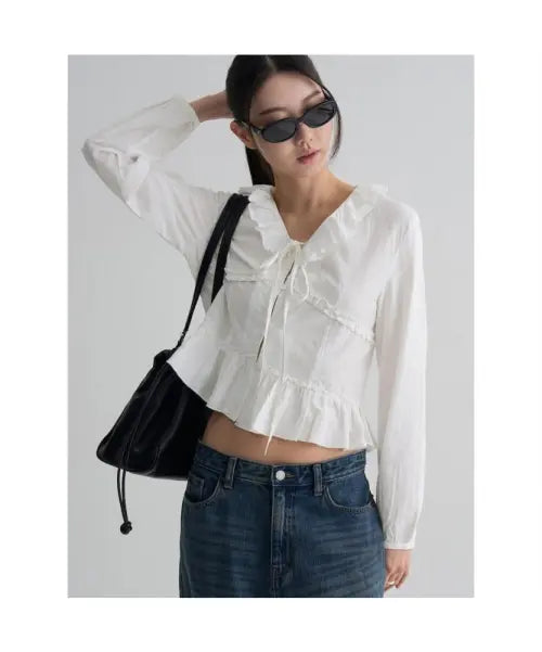 [8SECONDS] Jacquard Frill Blouse - White / 자카드 프릴 블라우스  화이트