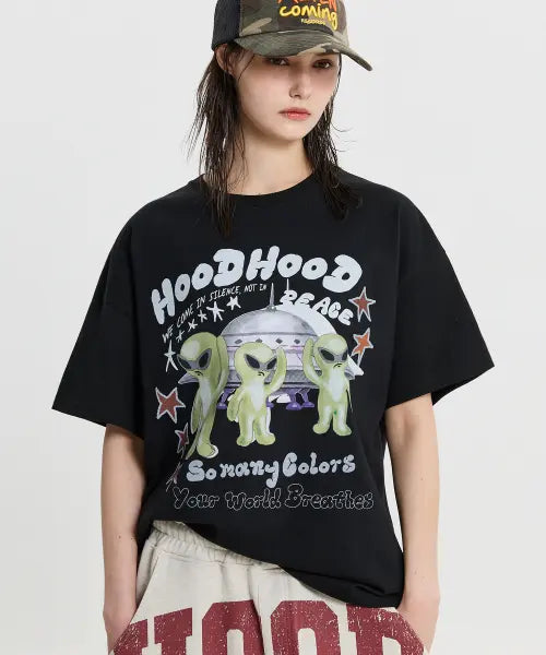 [HOODHOOD] Alien Peace Half Sleeve T-shirt BLACK / 에일리언 피스 반팔티셔츠 블랙