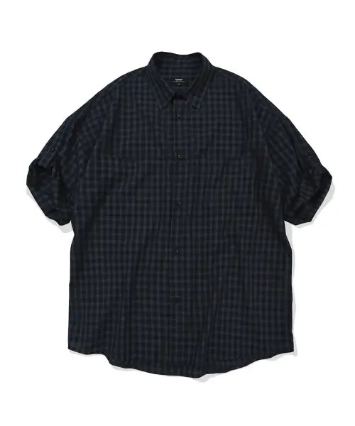 [KANEITEI] CHECK ROLL-UP HALF SHIRT (NAVY WHITE)