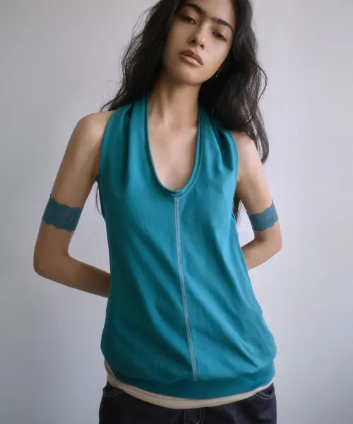 [PORTERNA] OPEN-BACK DRAPED HALTER TOP-TEAL BLUE