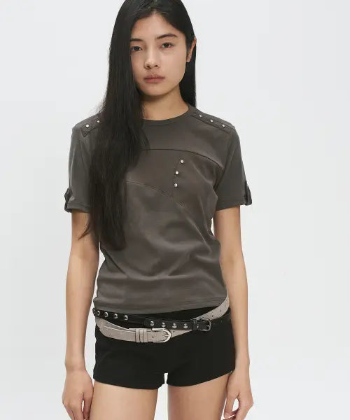 [PLACE STUDIO] Women's Stud Detail Cut-out Semi-Crop Short Sleeve T-Shirt [Khaki] / 절개 라인 우먼즈 스터드 포인트 세미크롭 반팔 티셔츠  [카키]