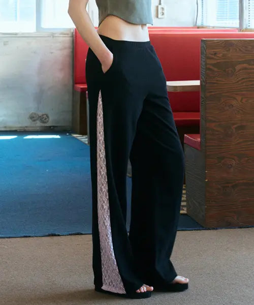 [ERER] Sheer Lace Panel Sweatpants Black