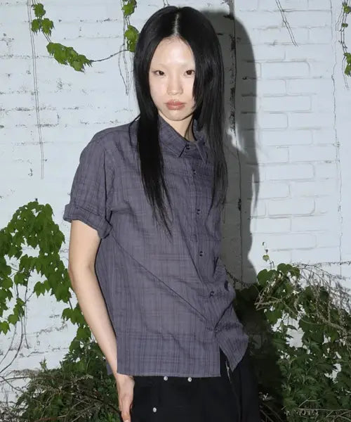 [OPENYARD(OY)] CHECK ROLL-UP CROP S/S SHIRTS - PORPOISE GREY