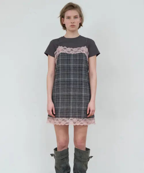 [MA JOURNEE] CHECK LACE DRESS_CHARCOAL