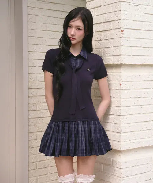[THE GREEN LAB] Girlish Check Layered Dress [Navy] / 걸리쉬 체크 레이어드 원피스 [네이비]