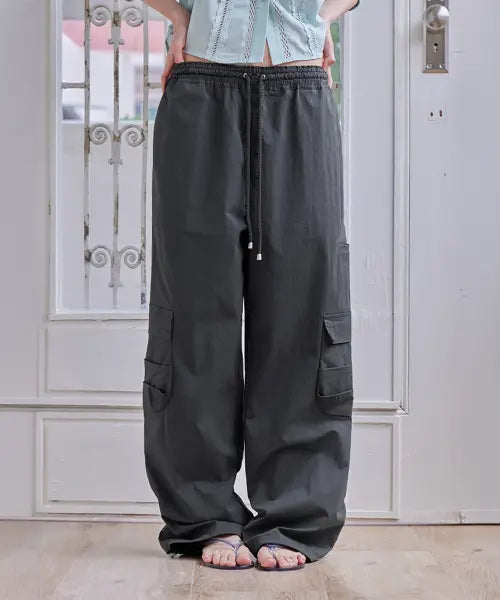 [LONDONDADA] Nylon Cargo String Hem Pants, D.CHARCOAL