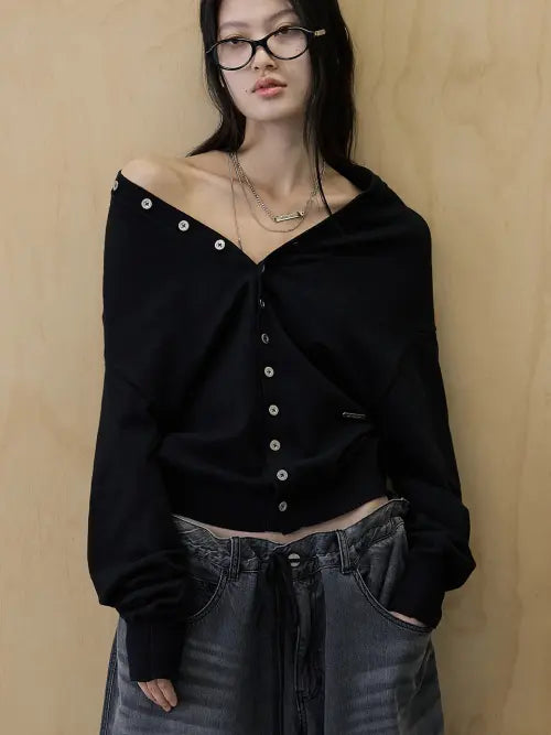[WHOLE PAPER] Off-the-Shoulder Ruffle Neck Cardigan (Black) / 오프숄더 러플넥 가디건 (블랙)