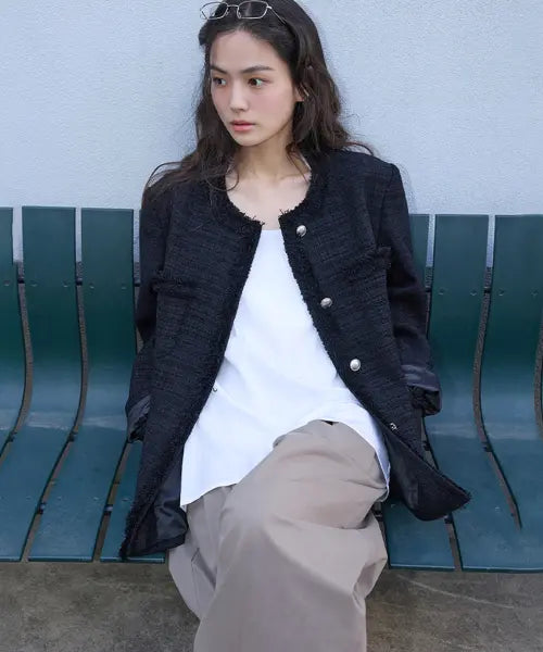 [MICHIKO LONDON KOSHINO] Fringed Tweed Jacket Black / [무료반품] 프린지 트위드 자켓 블랙