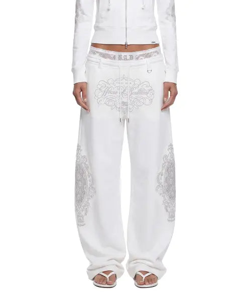 [BADBLOOD] H.B.B. Royal Lace Rhinestone Lightweight Jogger Pants - White / H.B.B. 로얄 레이스 라인스톤 라이트웨이트 조거 팬츠 - 화이트