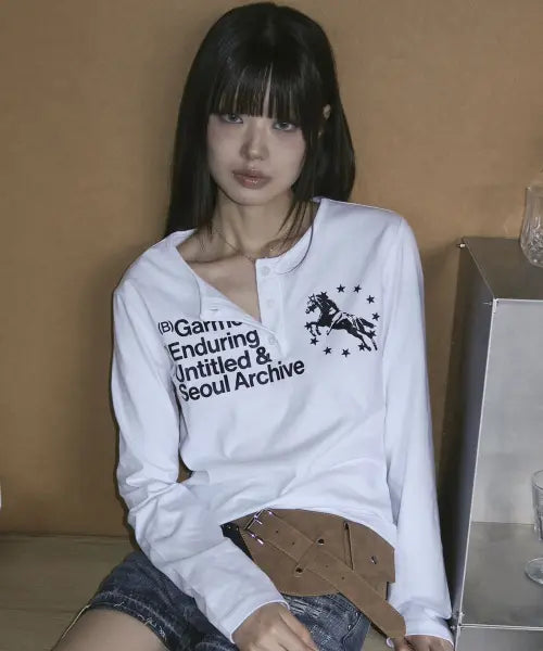 [UNTITLED SEOUL] SINGLE UNICORN HENLEY NECK LONG SLEEVE WHITE / 싱글 유니콘 헨리넥 롱슬리브 화이트
