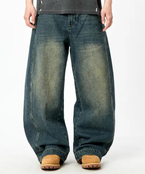 [TEXX] Curved baggy balloon fit(Middle blue) / TX309 커브드 배기 벌룬 데님 (틴중청)