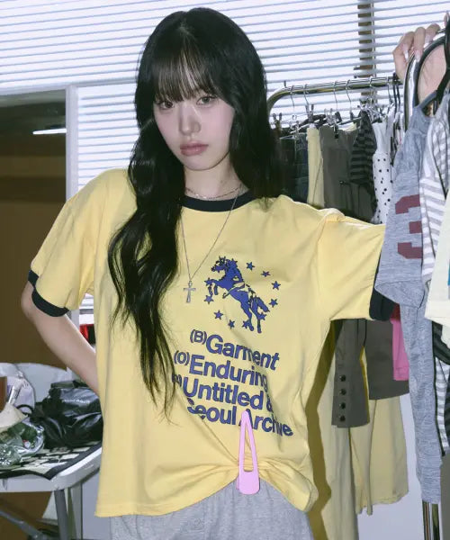 [UNTITLED SEOUL] UNICORN TYPHO RINGER CROP SHORT SLEEVE YELLOW / 유니콘 타이포 링거 크롭 반팔 옐로우