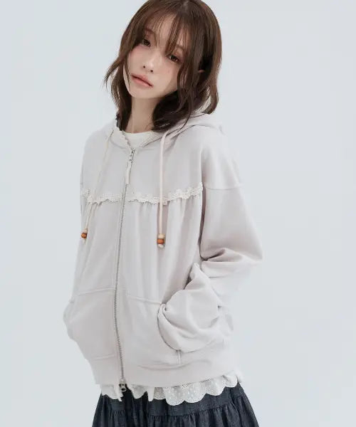 [HIGH SCHOOL DISCO] Lace Cozy Zip-Up Hoodie_Cream / 레이스 코지 후드집업_크림