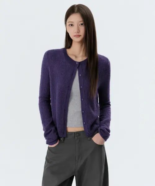 [MUSINSA STANDARD WOMAN] WOMENS SHEER TEXTURED ROUND NECK CARDIGAN [PURPLE] / 우먼즈 시어 텍스처드 라운드 넥 가디건 [퍼플]