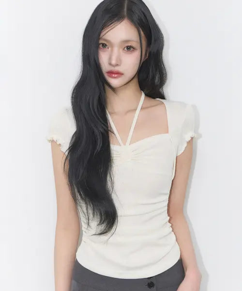 [ILLIGO] SHIRRING HALTER TOP IVORY / 셔링 홀터 탑 아이보리