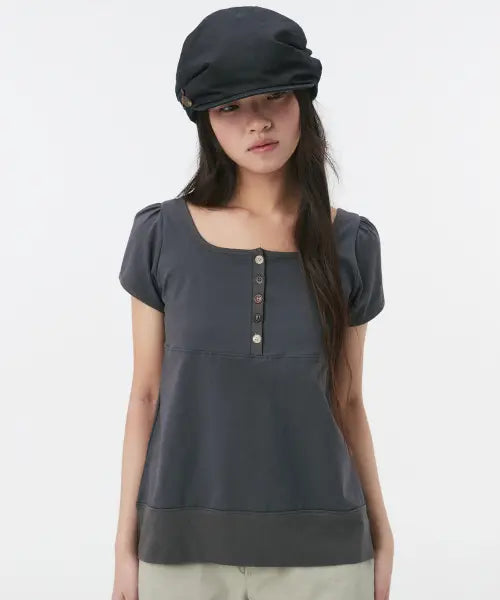 [OHESHIO] SQUARE NECK JERSEY BLOUSE, CHARCOAL