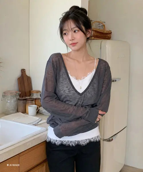 [GENERALIDEA] woman deep v-neck see through knit pullover [charcoal] / 딥 브이넥 시스루 니트 풀오버 [CHARCOAL] / GF2LKP544