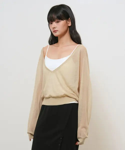 [GENERALIDEA] woman deep v-neck see through knit pullover [sand] / 딥 브이넥 시스루 니트 풀오버 [SAND] / GF2LKP544