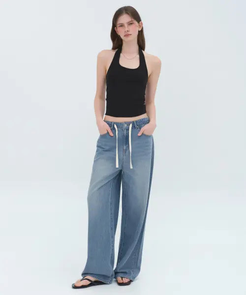 [MUSINSA STANDARD WOMAN] Women's Tencel Wide Banding Denim Pants [Light Indigo] / 우먼즈 텐셀 와이드 밴딩 데님 팬츠 [라이트 인디고]